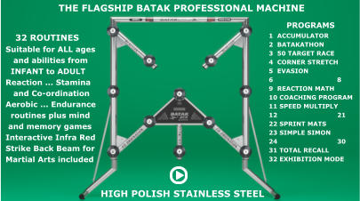 PROGRAMS           1  ACCUMULATOR           2  BATAKATHON           3  50 TARGET RACE           4  CORNER STRETCH           5  EVASION            6                               8            9  REACTION MATH           10 COACHING PROGRAM           11 SPEED MULTIPLY           12                             21           22 SPRINT MATS            23 SIMPLE SIMON           24                             30           31 TOTAL RECALL           32 EXHIBITION MODE  THE FLAGSHIP BATAK PROFESSIONAL MACHINE       32 ROUTINES  Suitable for ALL ages     and abilities from    INFANT to ADULT  Reaction ... Stamina     and Co-ordination  Aerobic ... Endurance    routines plus mind    and memory games  Interactive Infra Red   Strike Back Beam for  Martial Arts included  HIGH POLISH STAINLESS STEEL